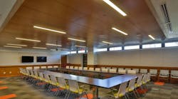 With the climate in mind, Mason and Hanger incorporated numerous sustainable design features for the multi-building U.S. Department of State compound in Rabat, Morocco. These include lights that automatically dim to take advantage of daylight, reduced water use plumbing fixtures, rain gardens, and indigenous/adapted plant species for reduced irrigation demand. This shot shows one of the conference rooms, featuring lighting, telecom, and AV systems.