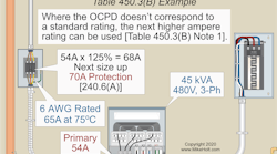 Fig. 1. This example shows how to size the primary-only protection overcurrent device and conductor for a fully loaded 45kVA, three-phase, 480V transformer.