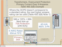 Fig. 1. This example shows how to size the primary-only protection overcurrent device and conductor for a fully loaded 45kVA, three-phase, 480V transformer.